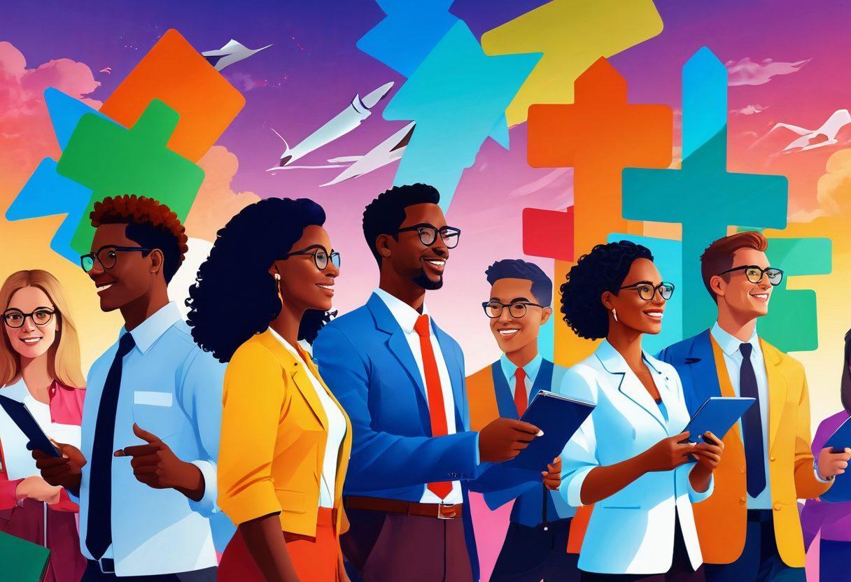 A vibrant and colorful illustration of a diverse group of people exploring a job marketplace filled with various career paths, such as art, technology, health, and education. They are engaged in conversations, promoting a sense of excitement and discovery. Include elements like direction signs pointing to different professions, with a bright sky and dynamic atmosphere. super-realistic. vibrant colors. optimistic style.