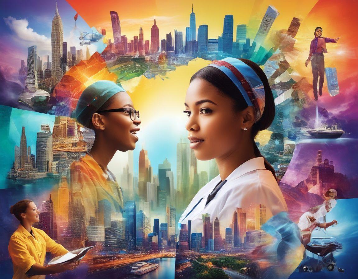 A vibrant collage featuring diverse individuals engaged in various careers such as art, technology, healthcare, and entrepreneurship, with each person radiating enthusiasm and passion. The background showcases a dynamic cityscape symbolizing opportunities and growth. Infuse elements of exploration, such as maps and paths leading to different professions. The overall mood should be uplifting and inspiring. super-realistic. vibrant colors.